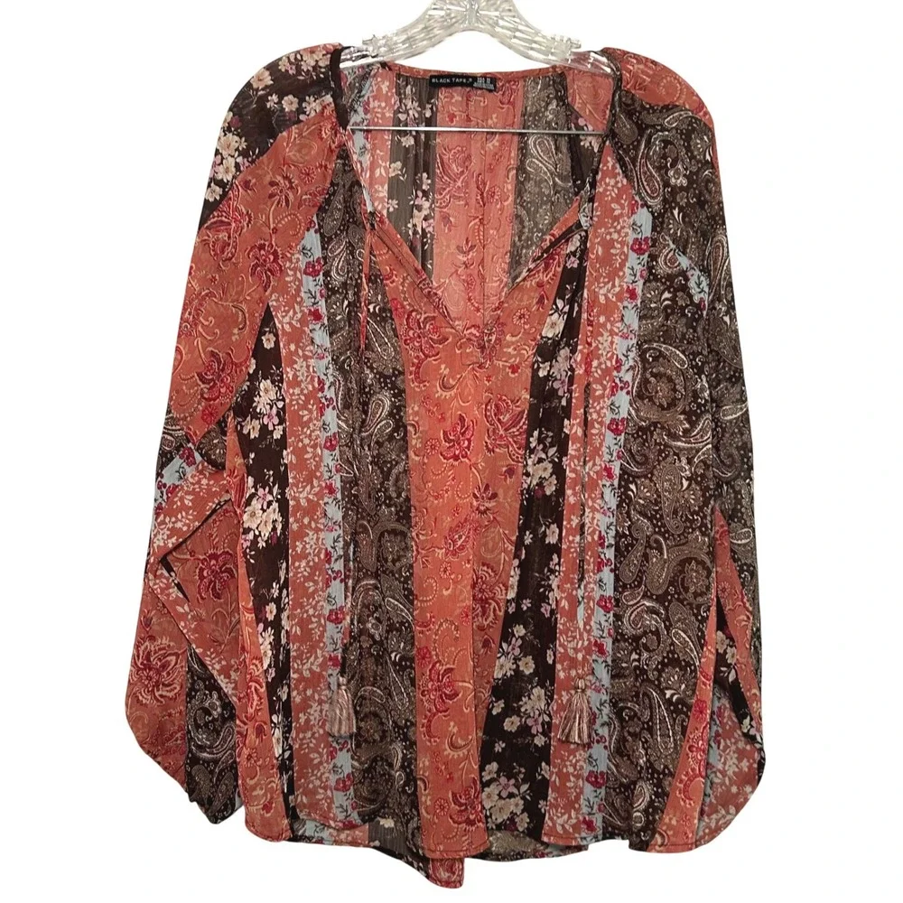 Black Tape Womens Plus 1X Boho Patchwork Paisley Floral Tassel Blouse Orange - Picture 1 of 6